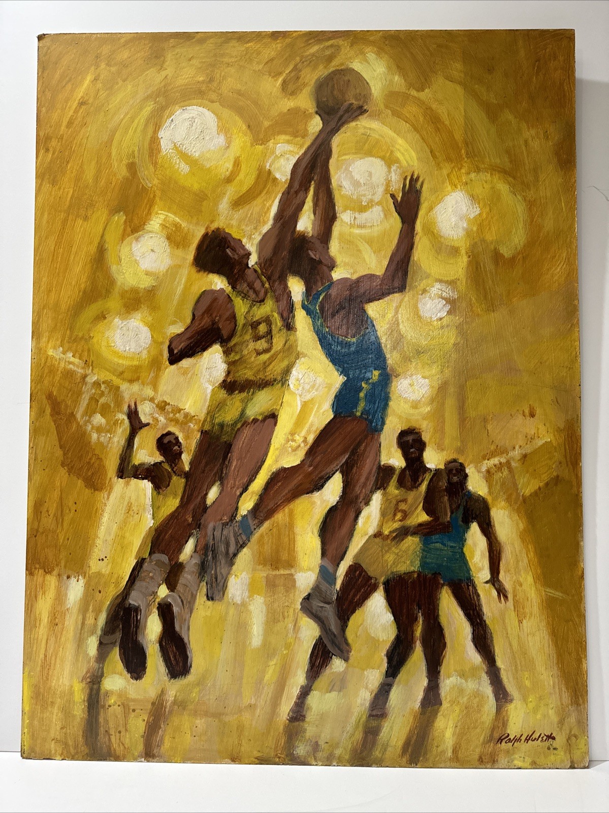 RALPH HULETT PAINTING BASKETBALL GAME PLAYERS VINTAGE LISTED FAMOUS SPORTS LARGE