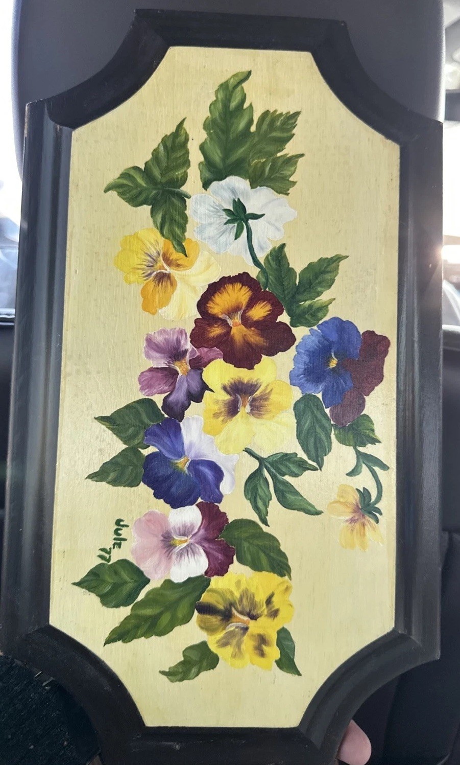 Hand painted wood plaque. 14×8 Pansies Picture Dated’77 GrannieCore Signed