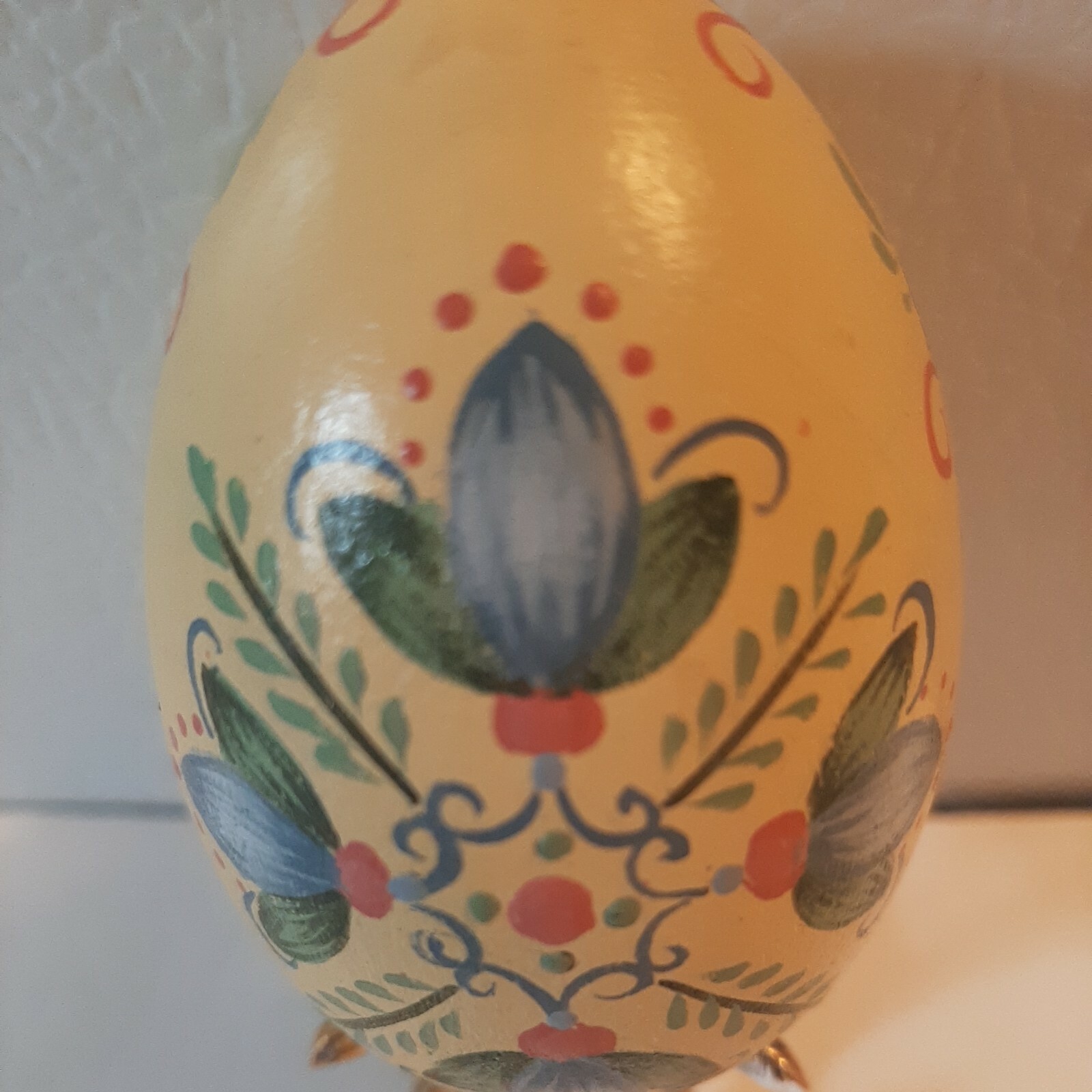 Yellow Blue Decorative Egg Hand Painted Folk Art Easter Decor Signed Wooden OOAK