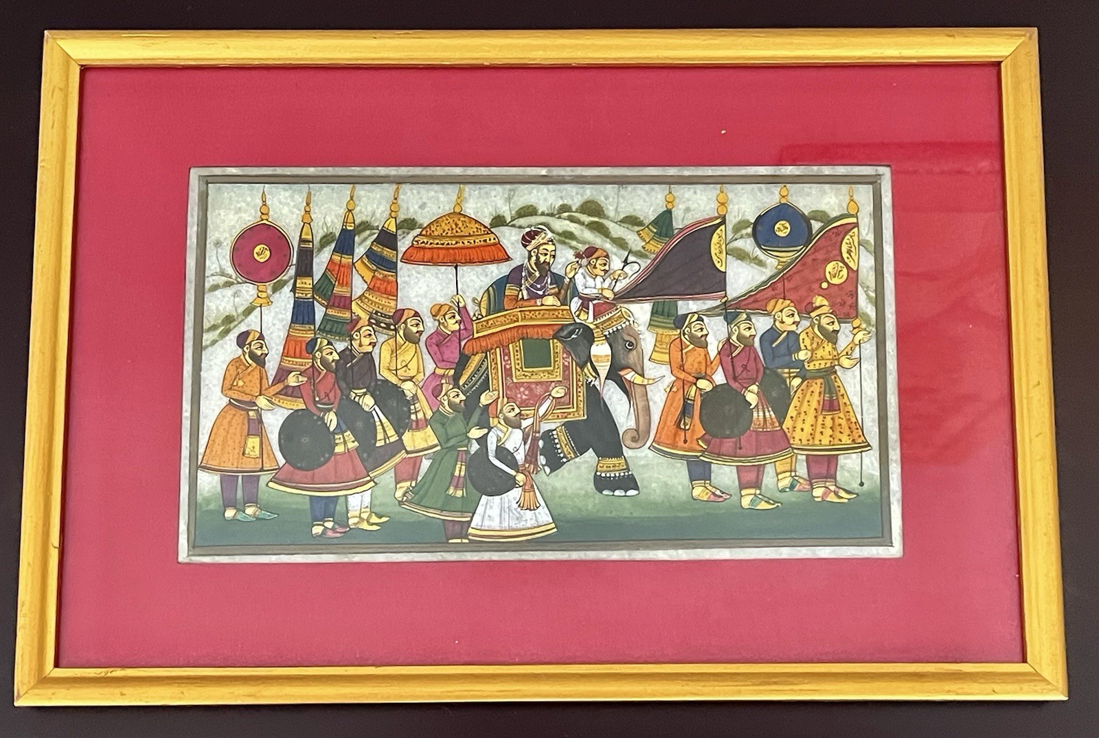 Vintage 8 1/2 by 12 1/2 Inch Framed Mughal Miniature HP Painting on Marble