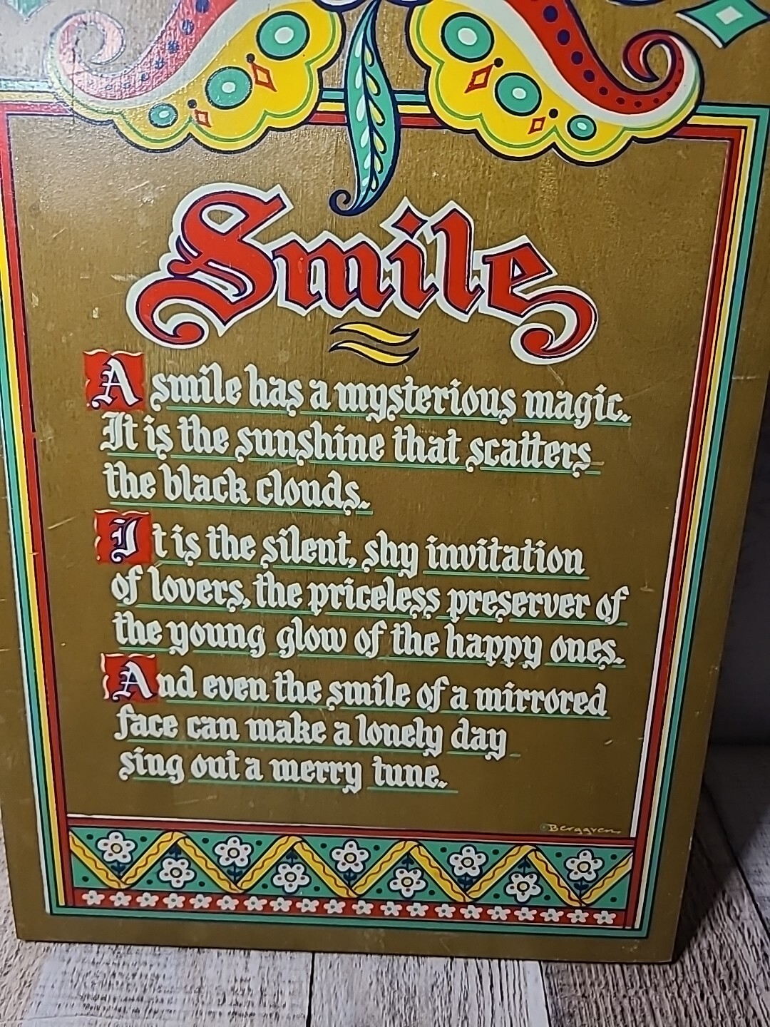 Vintage Berggren Wood Cutting Board Smile Hand Screened Poem Scandinavian Design