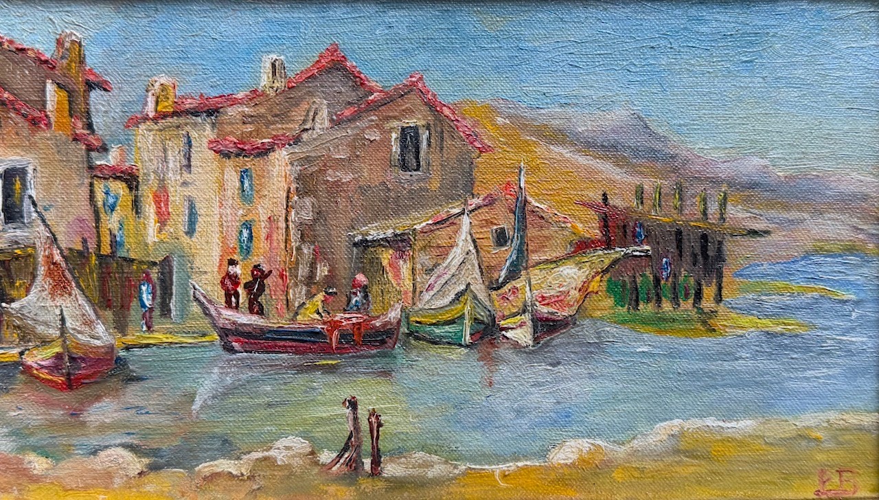 Vintage French Oil Painting Seascape Fishing Village Boat Fishermen South France