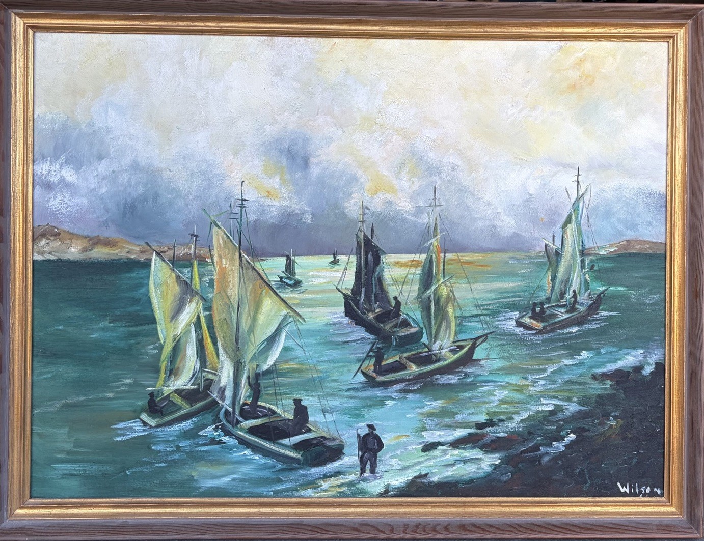 Original Oil on Canvas Painting by Wilson, Maritime Sail Boats, 25×32 Framed