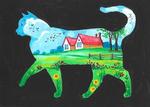 ACEO PRINT OF PAINTING RYTA SPRING BLACK CAT FARM FOLK ART BARN Whimsical House