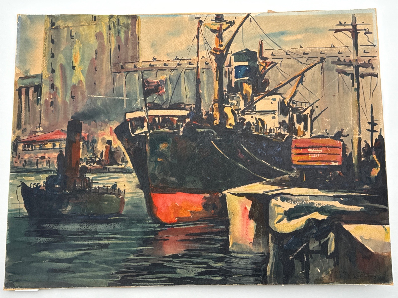 ANTIQUE QUEBEC CANADA PAINTING REGIONALISM INDUSTRIAL MARINA PORT LANDSCAPE