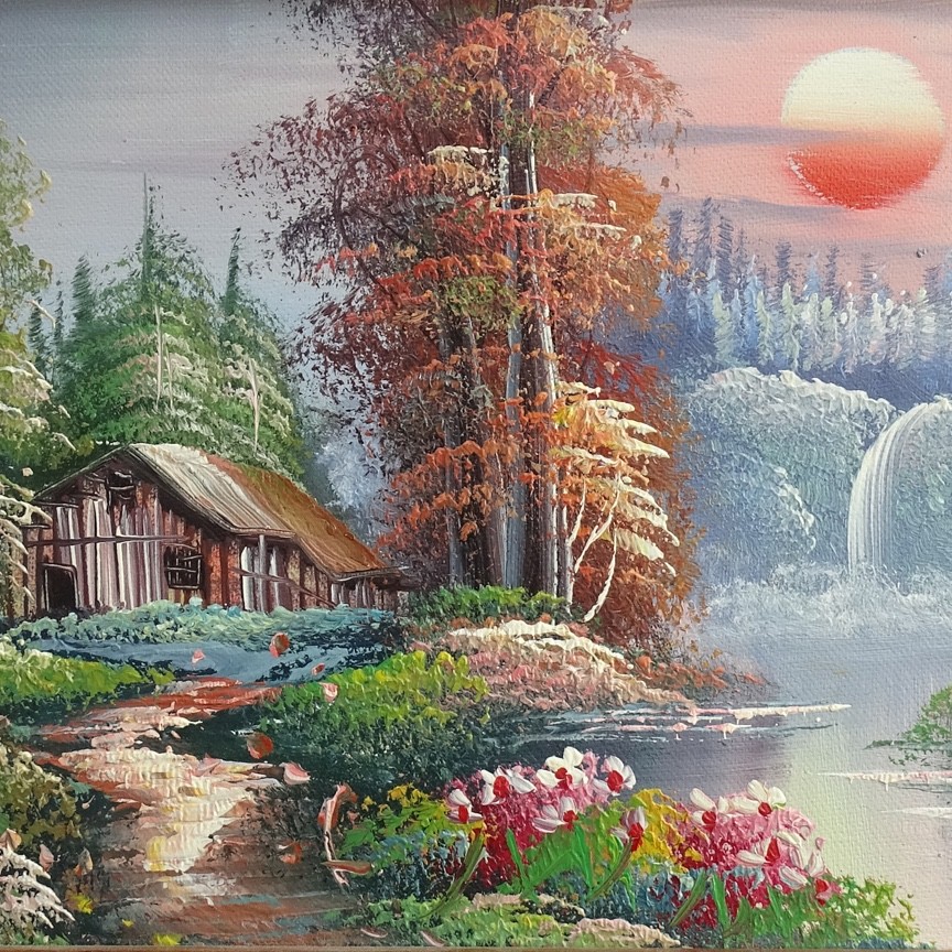 Rustic Western Autumn Landscape Oil Painting Sunset Cabin Waterfall Trees 12×10