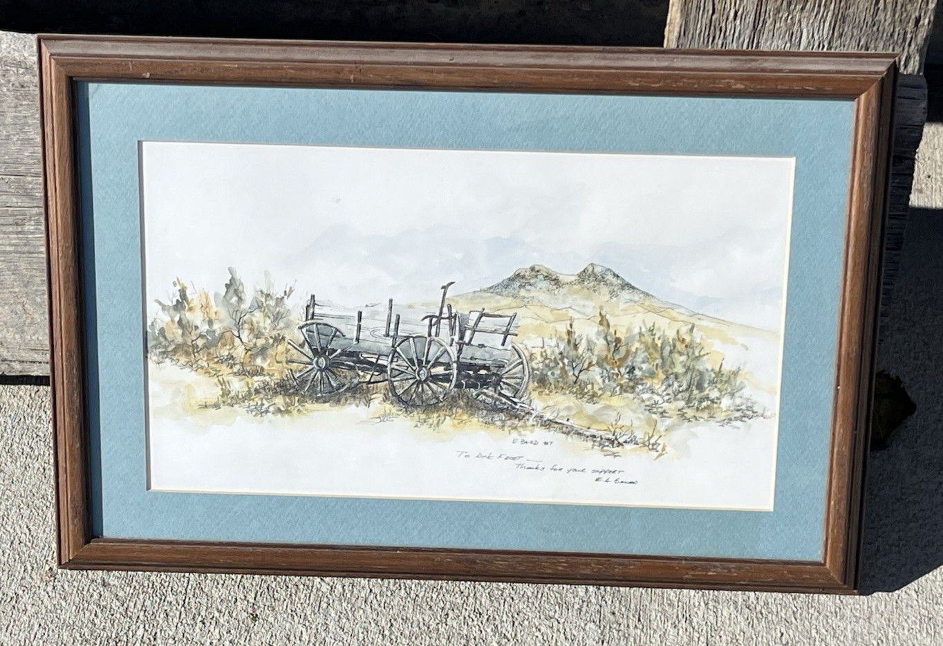 Old Wagon at Heart Mountain Cody Wyoming Framed Watercolor SIgned ES Baird 1987