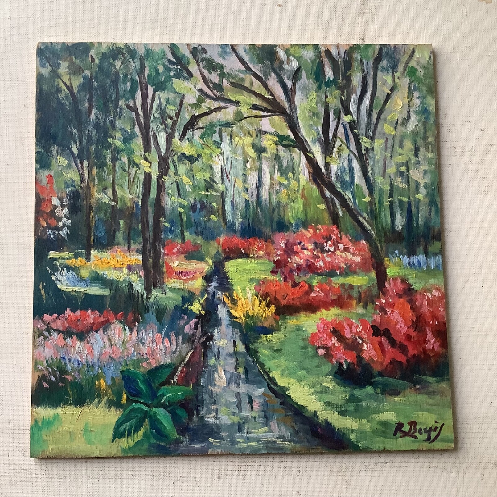 French PostImpressionist Landscape Garden Keukenhof Flowers Tulips Oil Painting