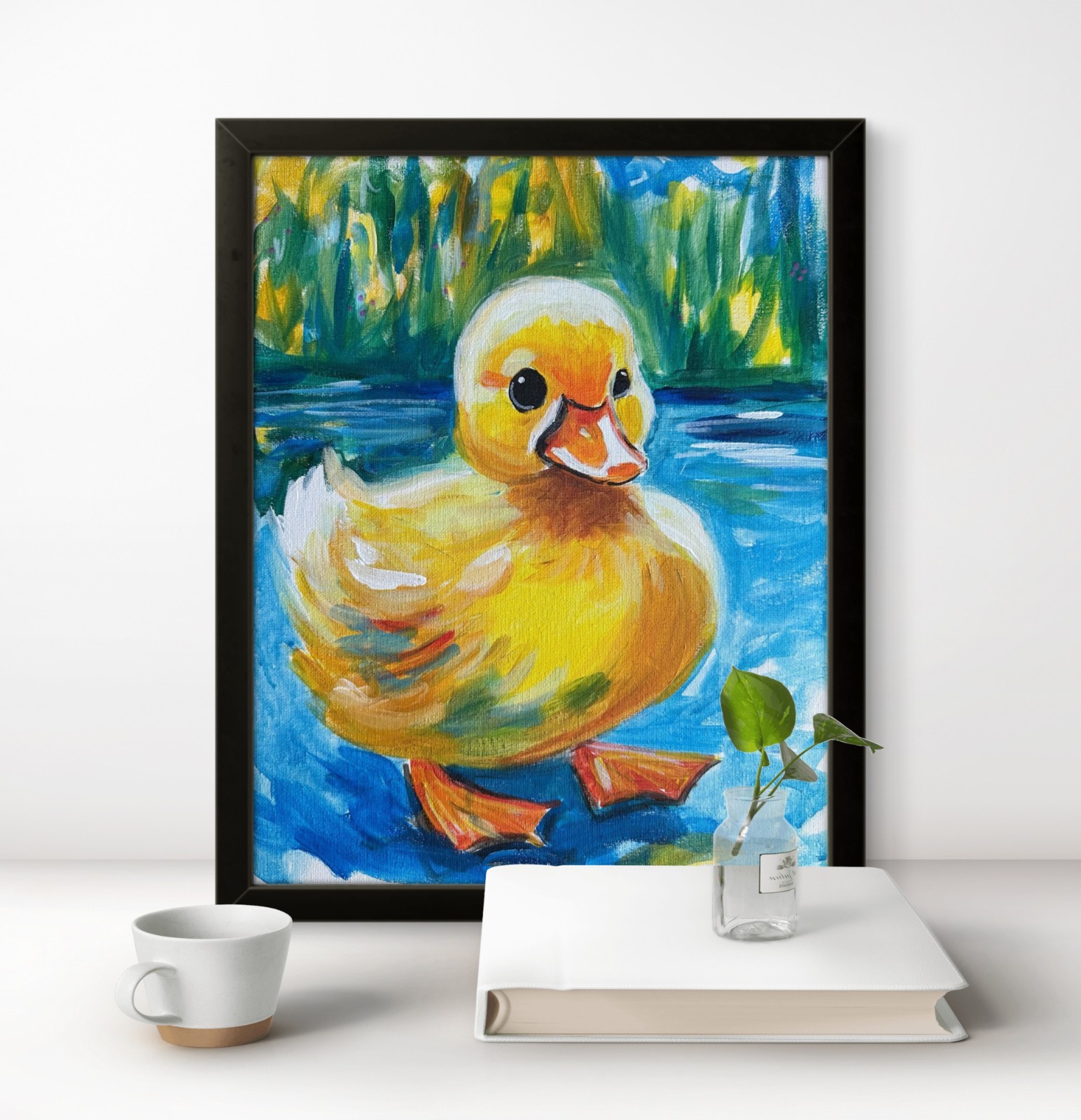 Cute Baby Duck Painting Pond Easter Wildlife Animal Bird 11×14 Duck Original