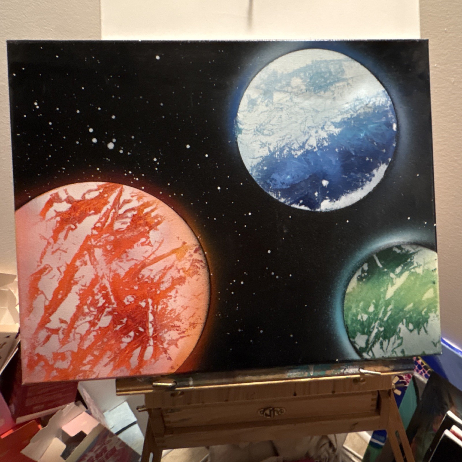 Original Outer Space Planets Modern Abstract Painting on Canvas 20x 15 1/2