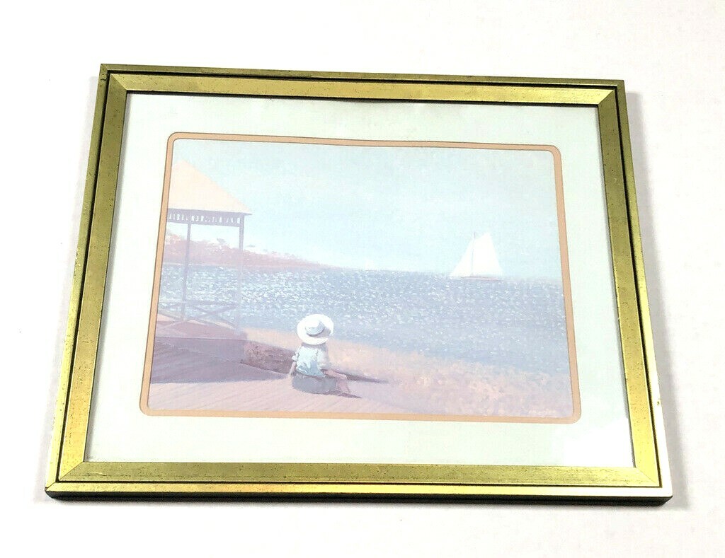 Seashore Boy Hat Painting Coastal Sailboat Pier Yacht Gallery Framed Artwork