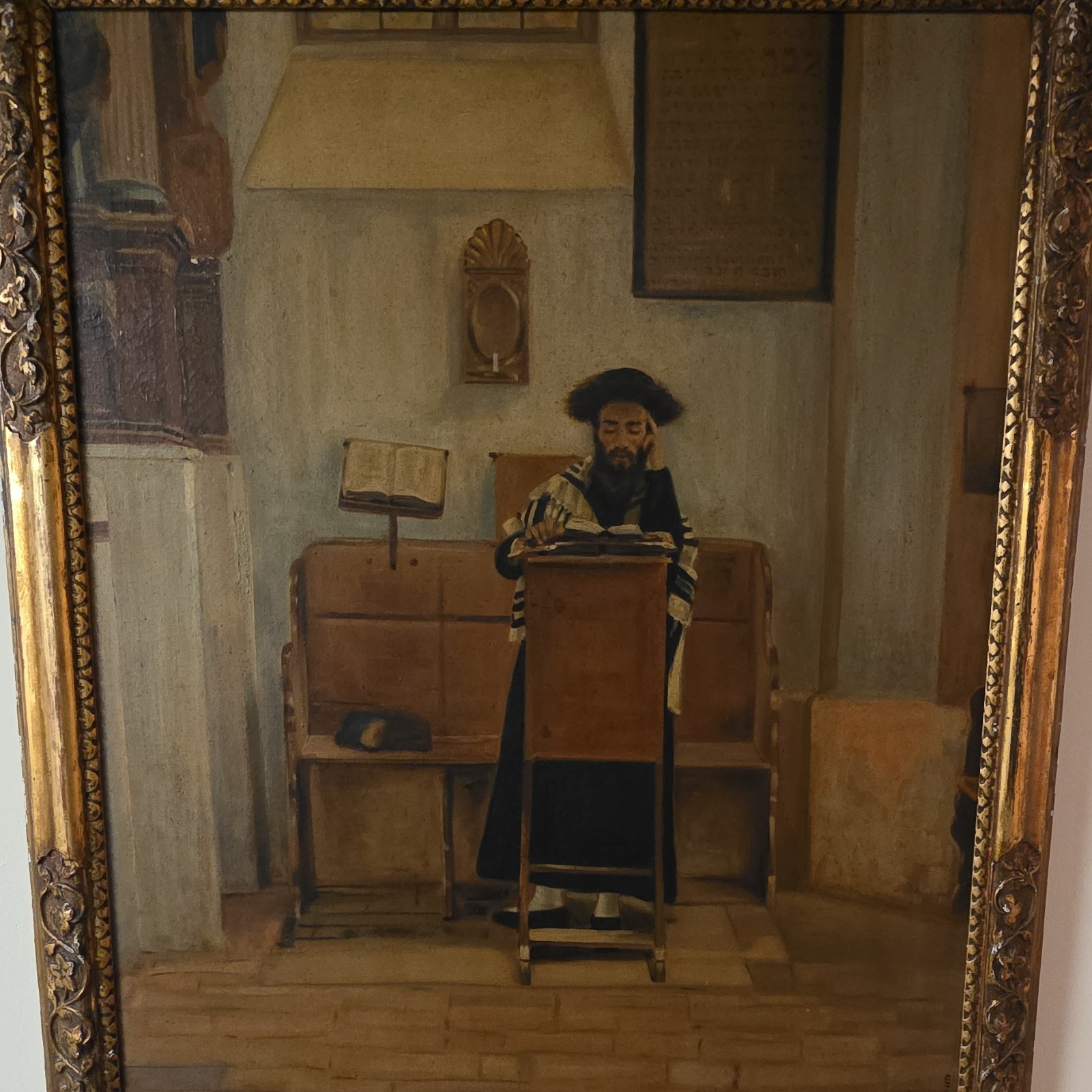 Isidor Kaufmann Framed Jewish Synagogue Oil Painted in late 1800s.