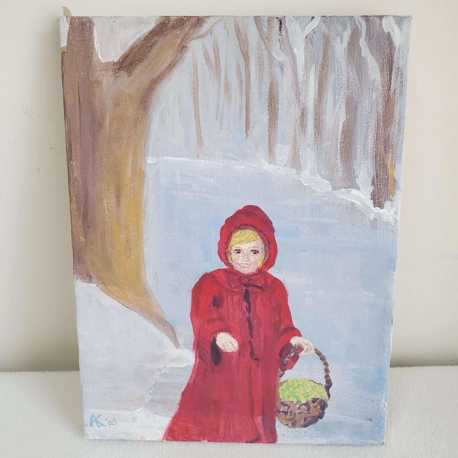 Little Red Riding Hood /Girl One of a Kind OOAK Art Painting on Canvas signed AK