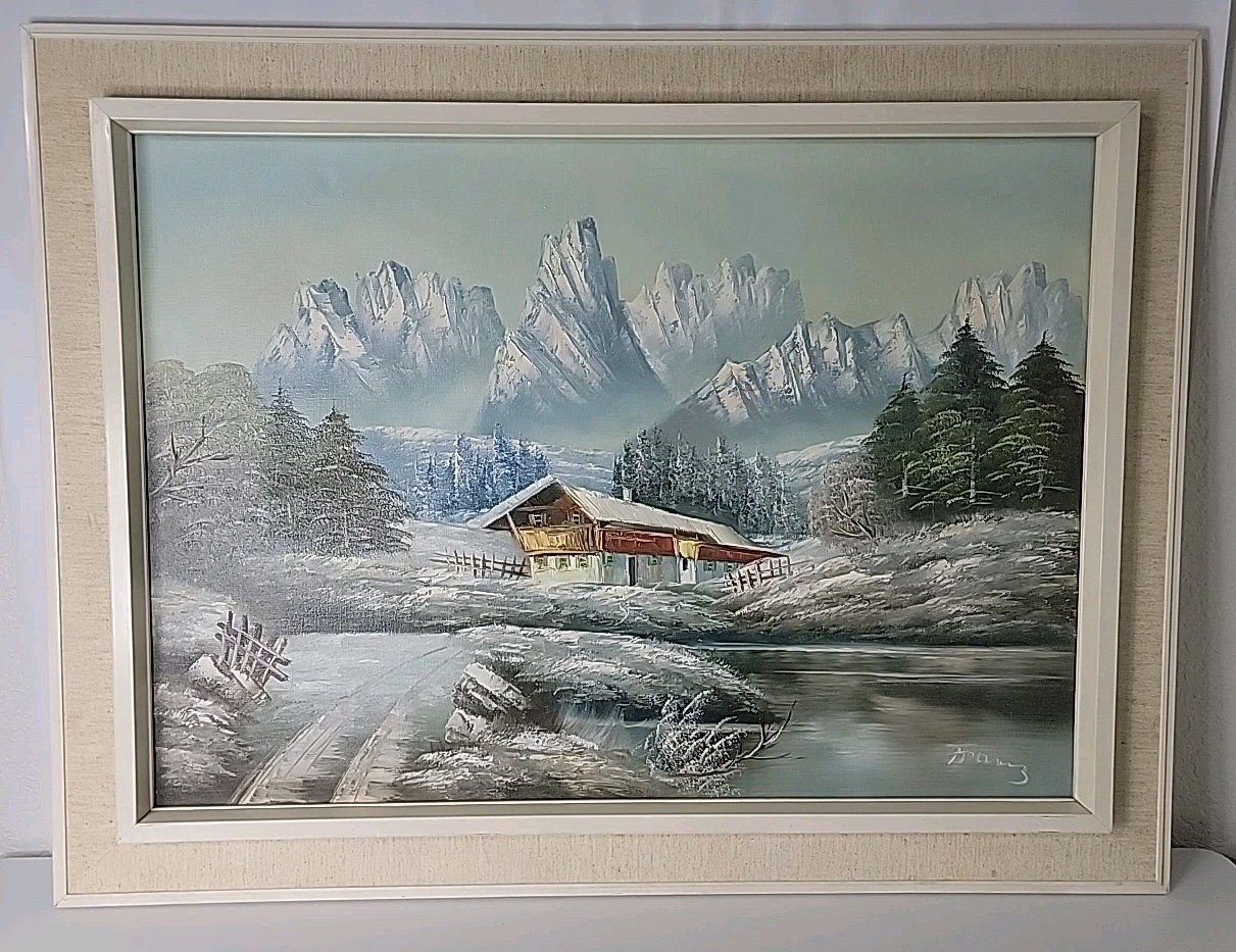 Winter Home In The Mountains Painting, 25″ X 33″ With Frame, Read Description