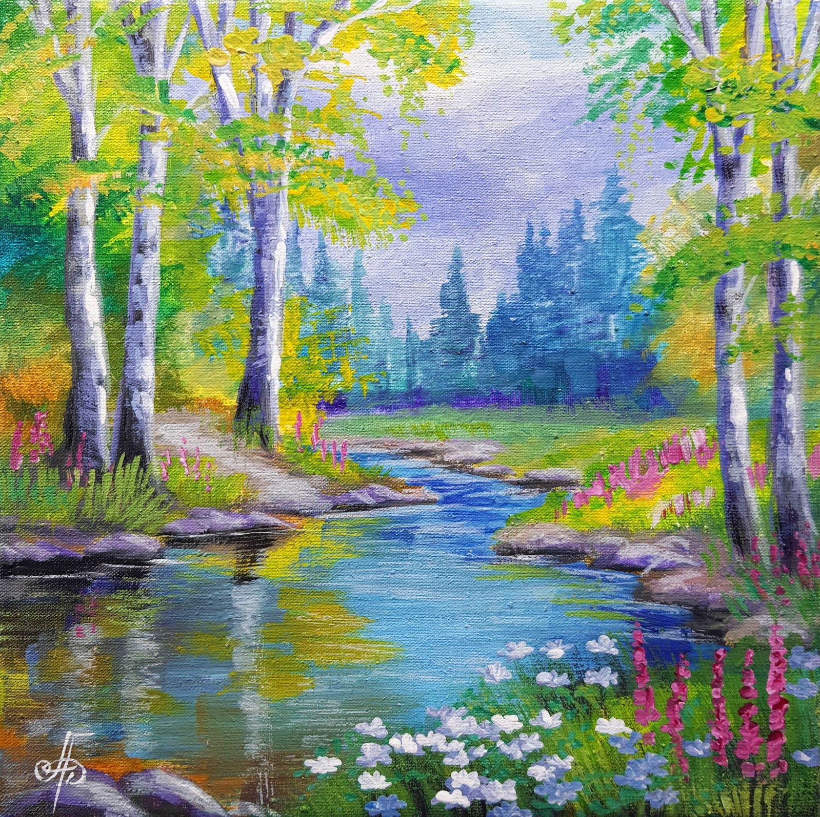 Summer Peace Landscape Acrylic Painting River Forest Nature Canvas Artwork 8×8