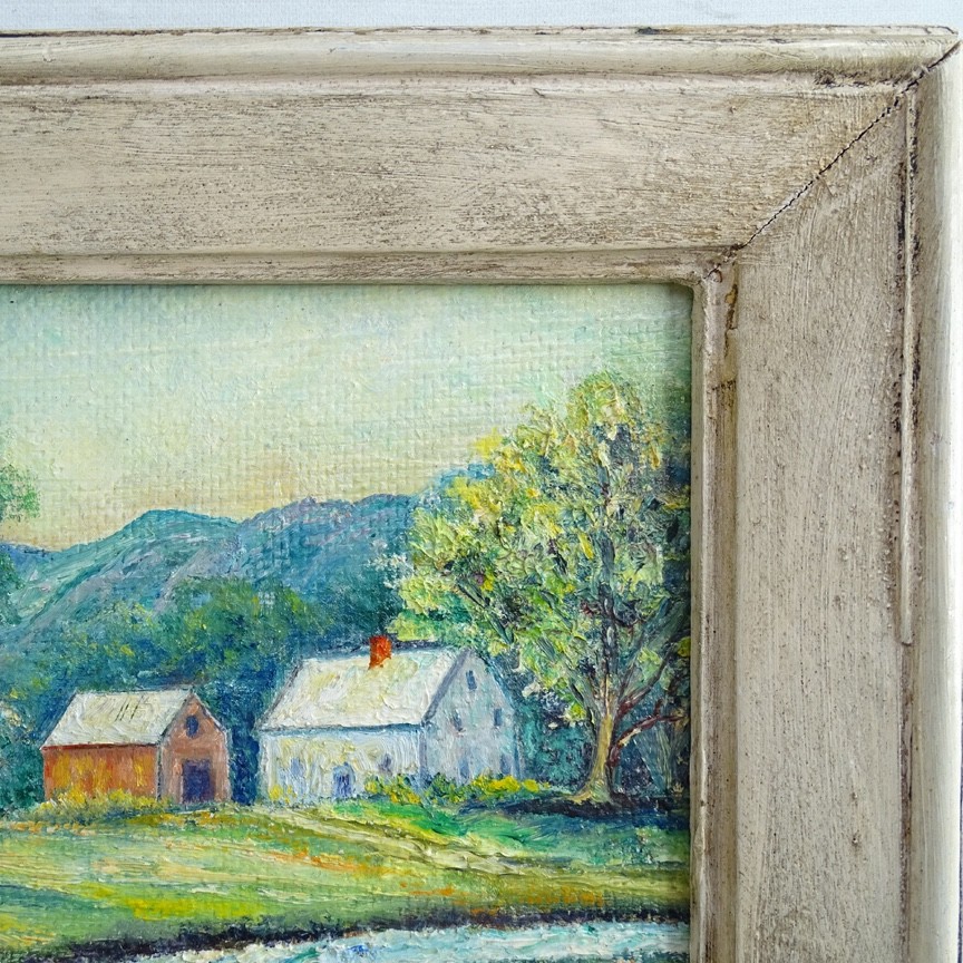 Vint Miniature Naive Landscape Oil Painting Farmhouse Barn Stream Signed 9.5×7.5