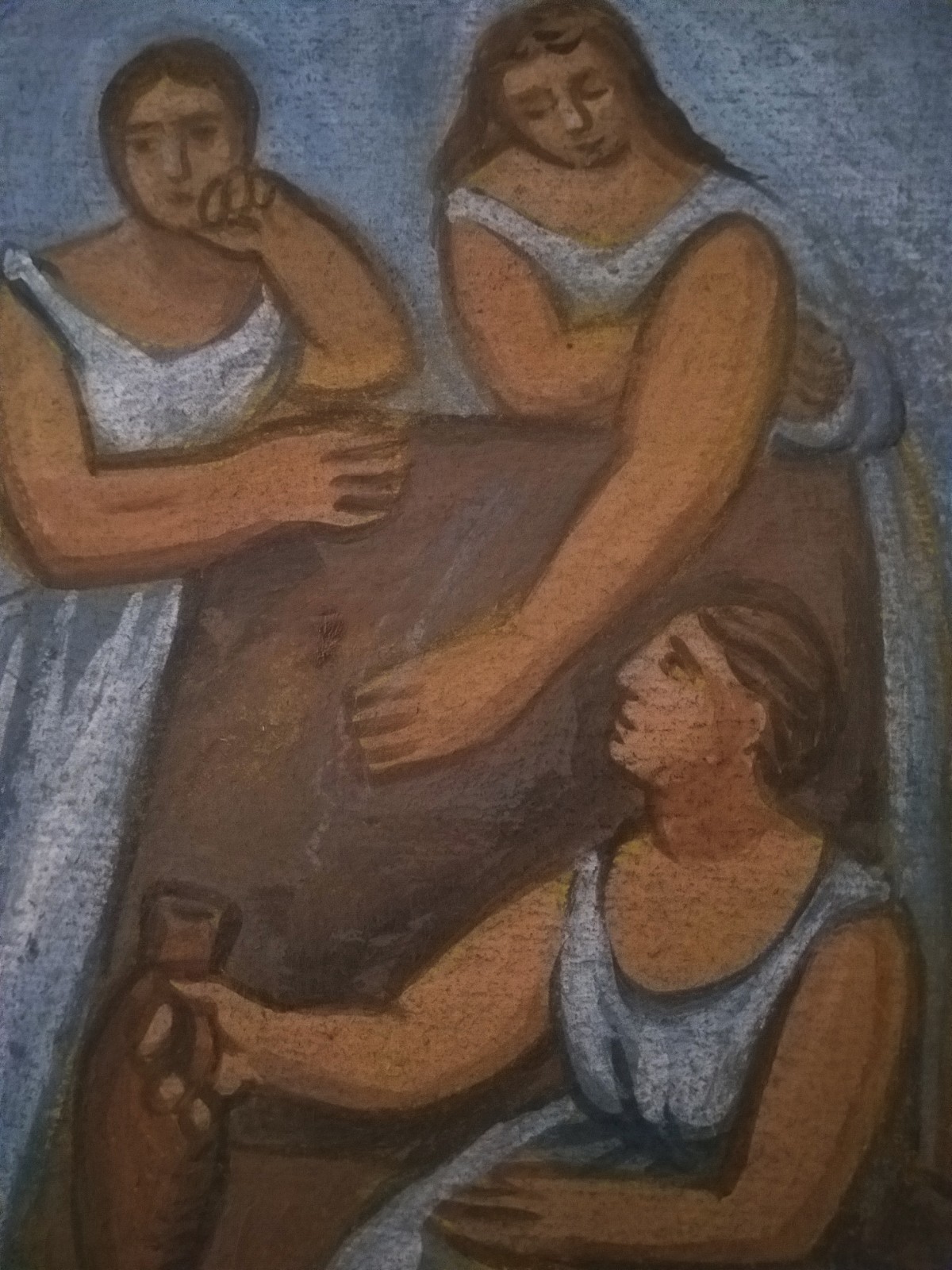 Three Women at the Spring Picasso Expressionism Style Painting on Cardboard