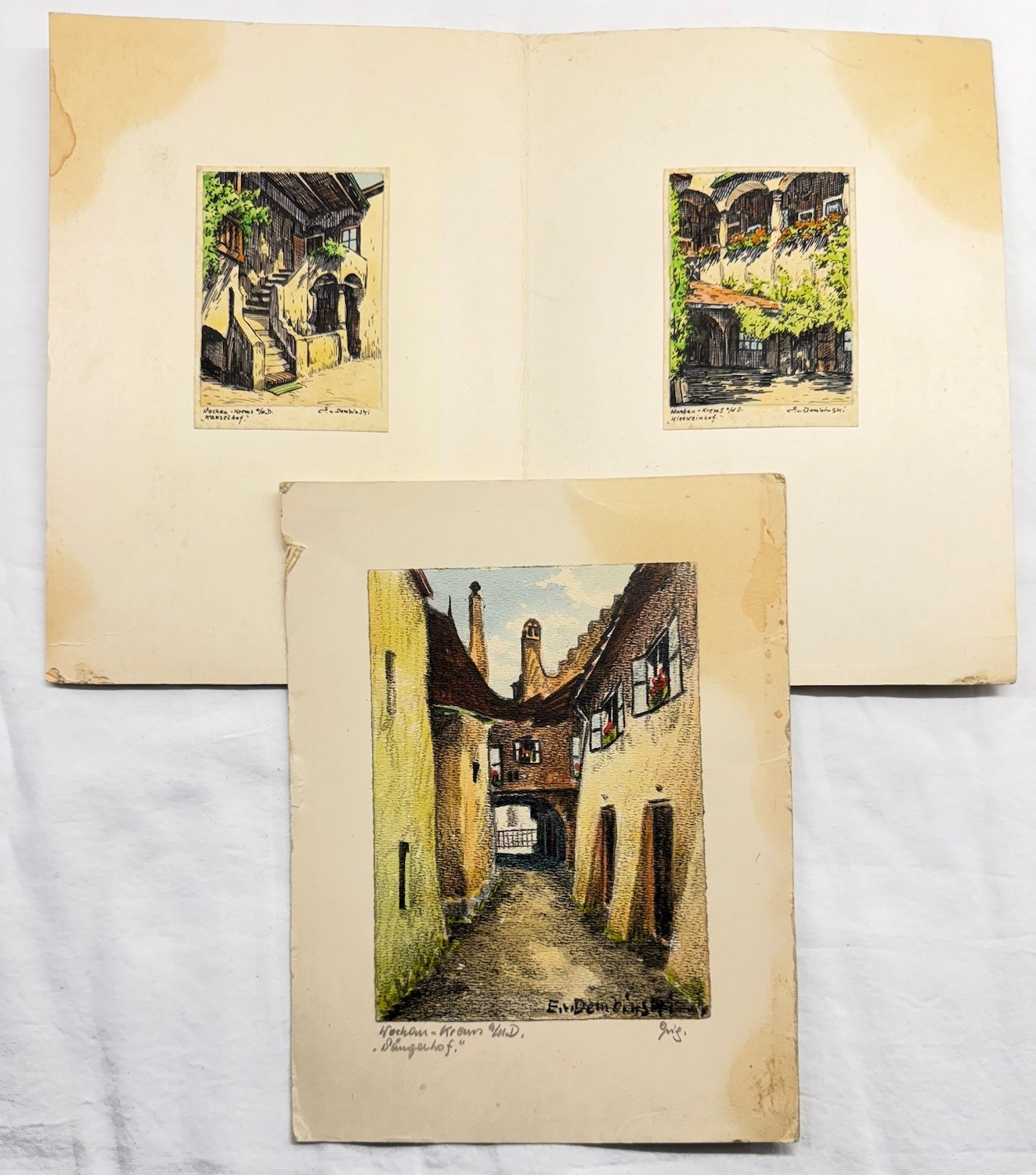 Lot3 Original Art Miniature Painting Eduard Dembinski Austria Krems Architecture