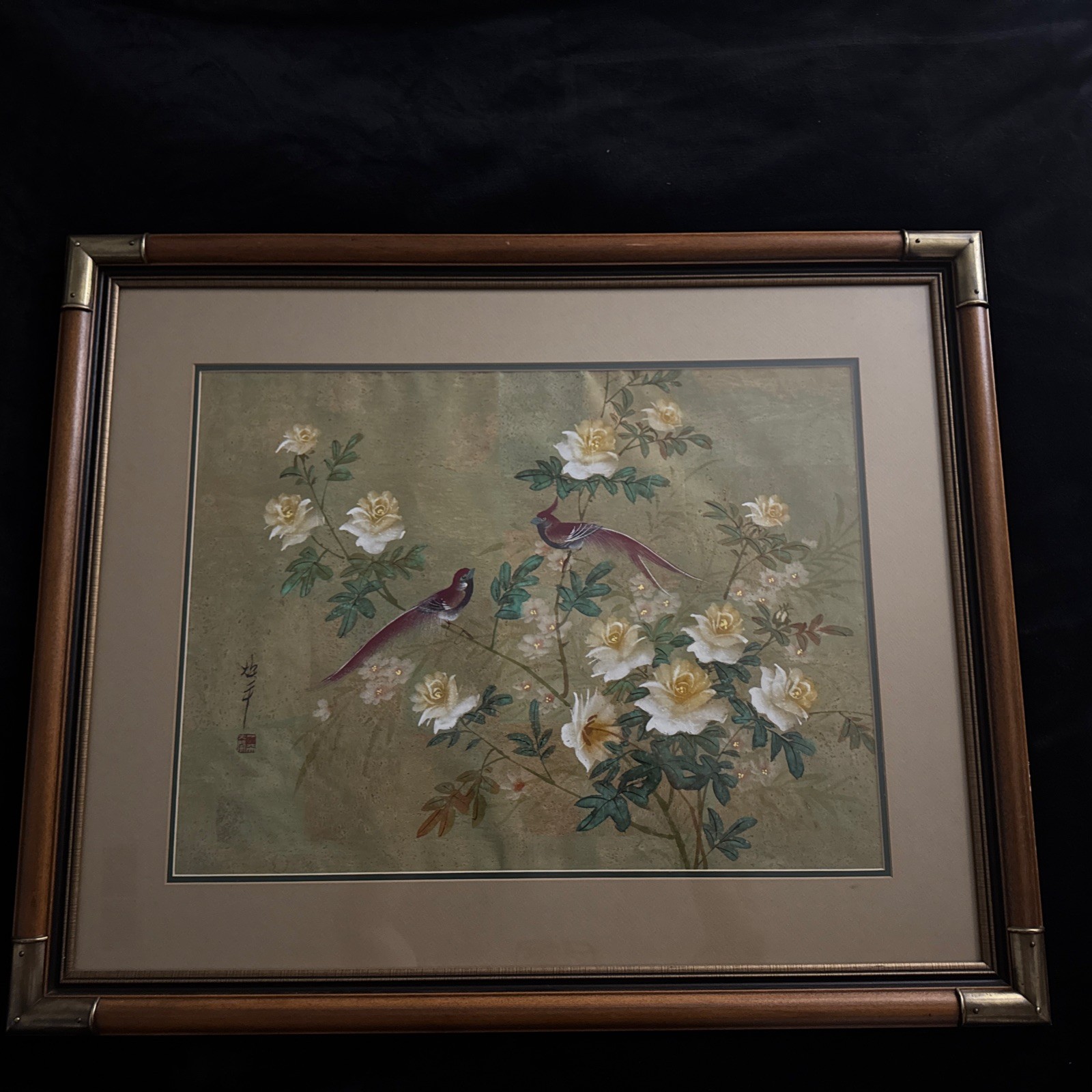 LARGE Vintage Signed Chan Painting Birds And Flowers In Gold Trim Frame COA