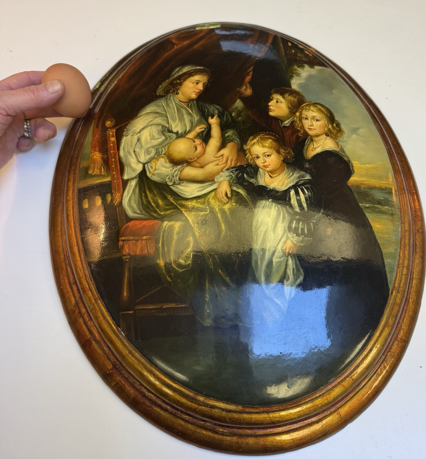 Oil Painting original Mother Infant Baby Children 19Th C Style Domed Wood Plaque