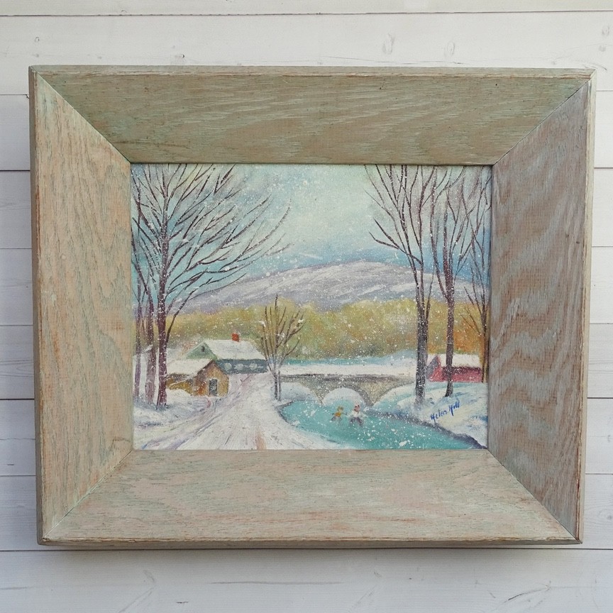 Vintage Naive Winter Landscape Oil Painting Snow Day with Ice Skaters 13.5×11.5