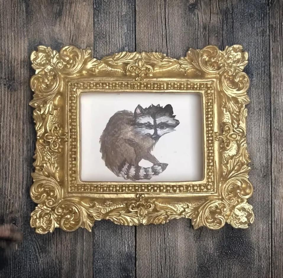 mini paintings & prints in vintage style ornate frame, mini art, birds & animals