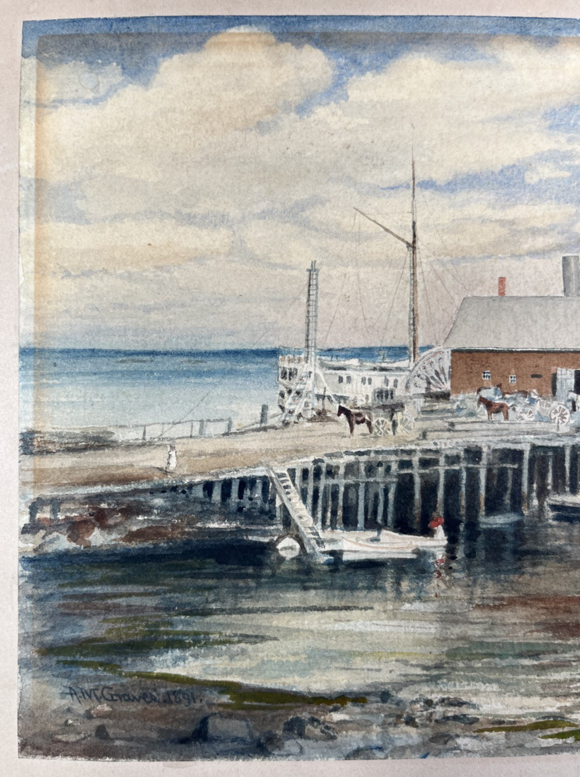 ALBERT GRAVES DATED 1891 MASSACHUSETTS HARBOR STEAMBOAT HORSES ANTIQUE PAINTING