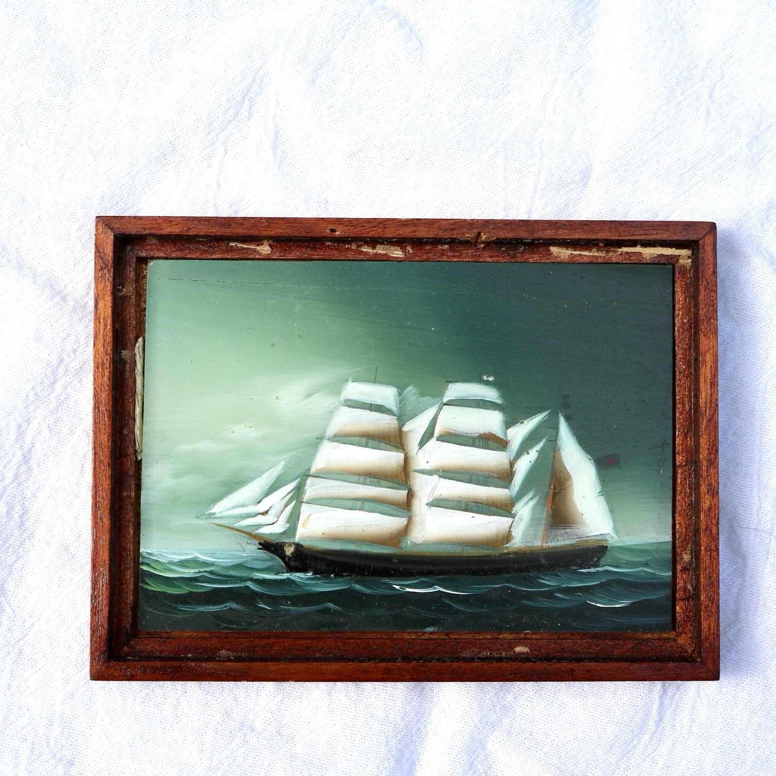 Antique Miniature Clipper Ship Reverse Painting On Glass Framed 6′ x 4.5″