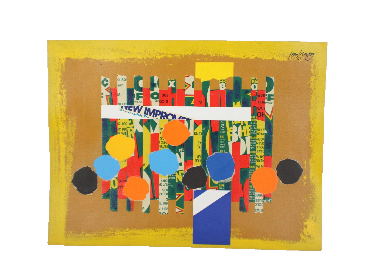 Mid Century Collage Abstract Style Oil Painting On Canvas Signed Jon Henry
