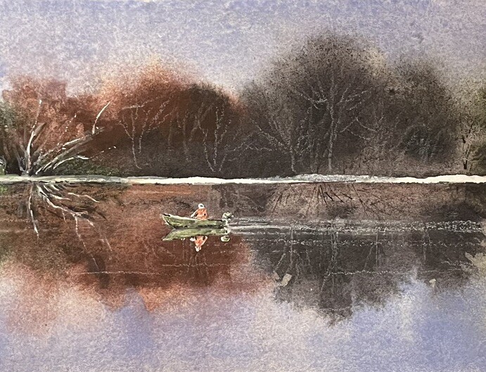 3.75×10.75” Original Watercolor Pamela Wilhelm Long Narrow Fishing Boat River