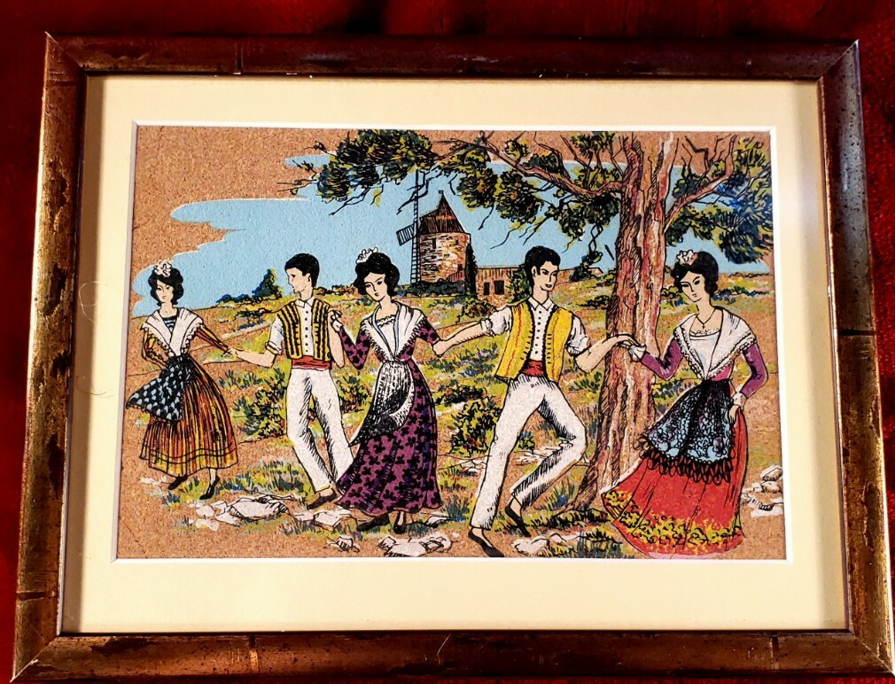 Framed Folk Painting on Cork Dancers in Traditional (Basque?) Garb 9.75″ x 7.75″