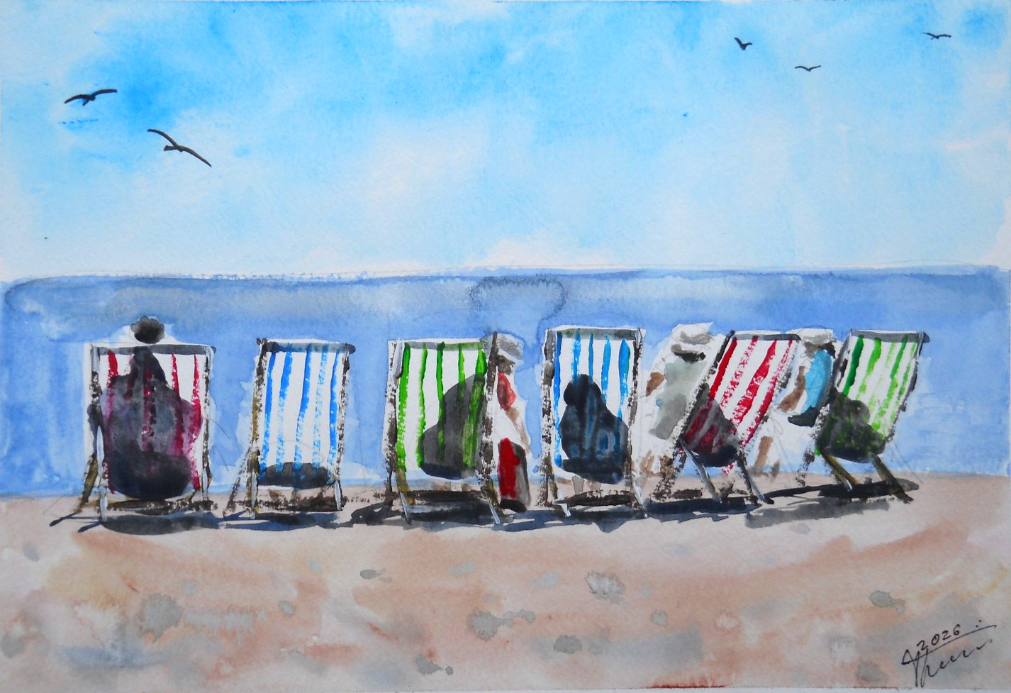 original watercolour summer sun beach holiday sea signed 21×29.7cm *thessini*