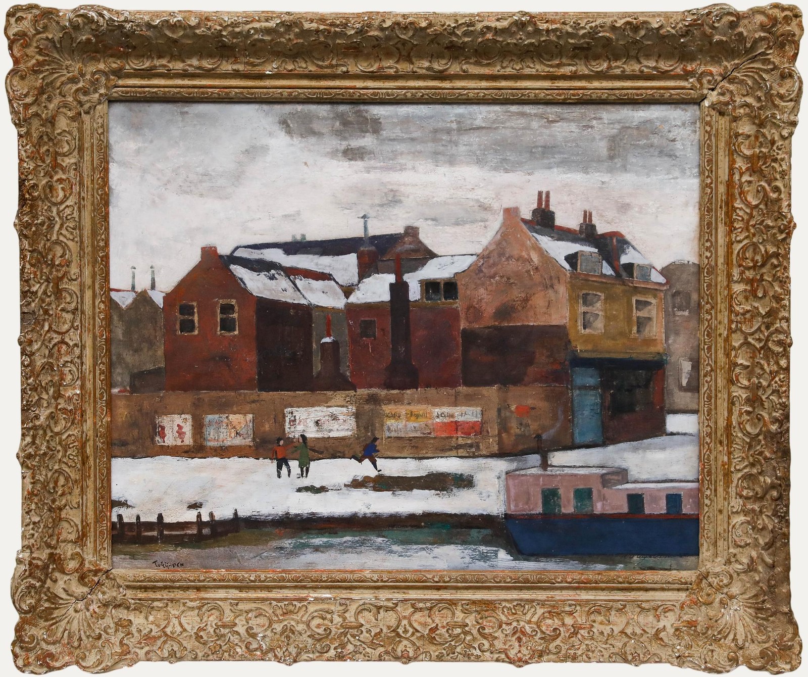 Tadeus van Eijsden (1900-1980) – Framed Oil, Snow Day by the Canal