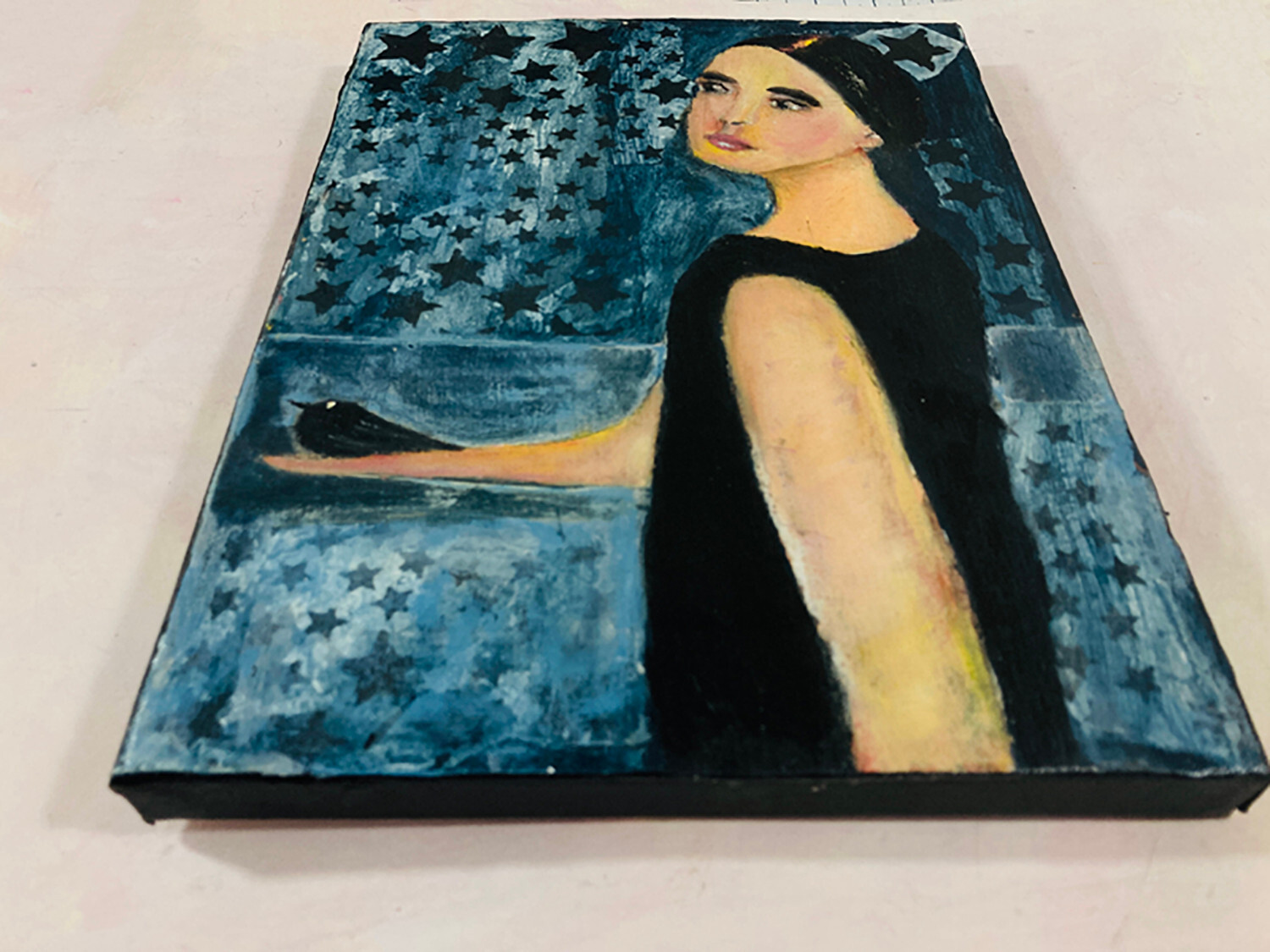Original Acrylic Collage Blue Figure Painting Woman Gift Bird Stars Canvas Art