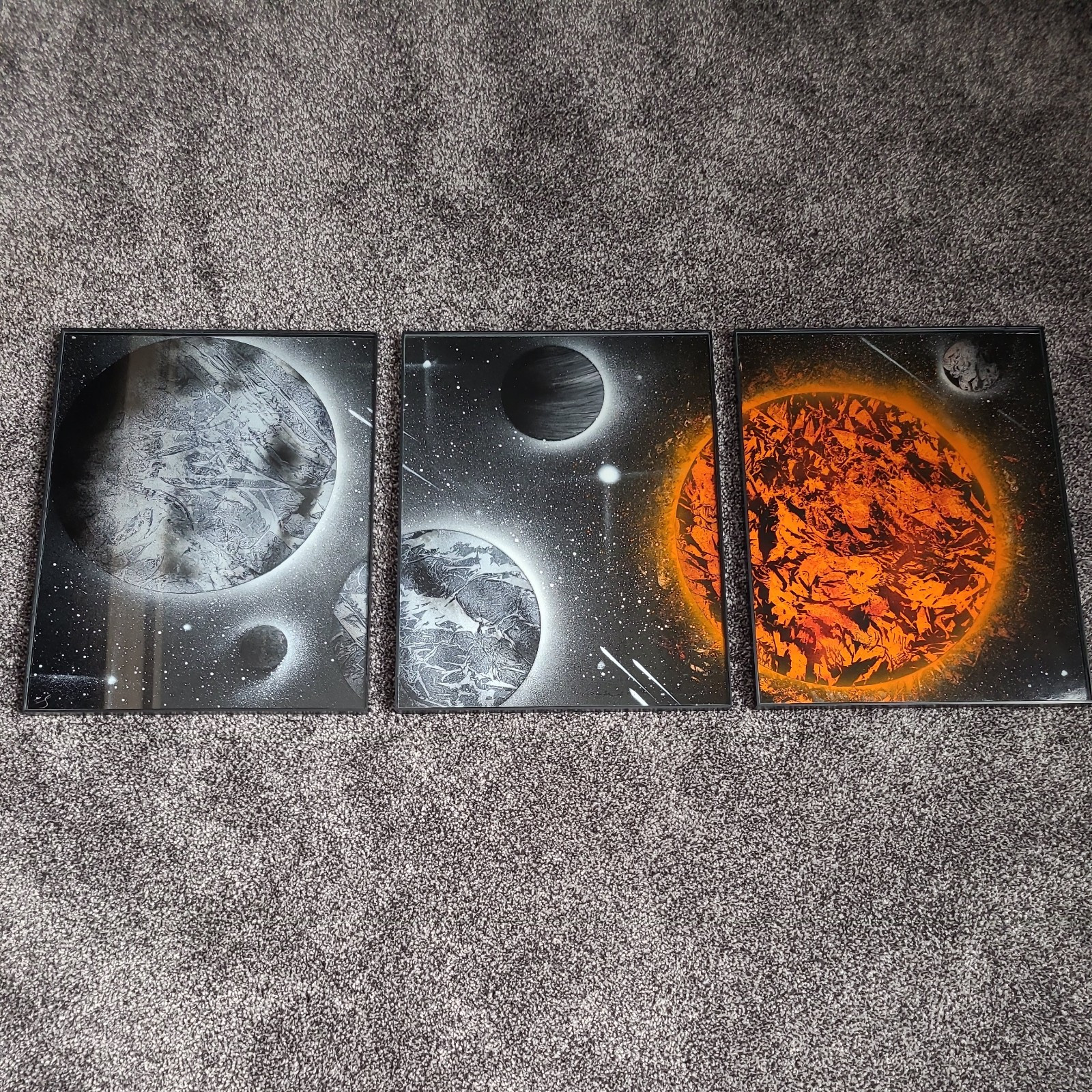 Sun And Planets Outer Space Spray Paint Art 11×14 Framed 3 Picture Set