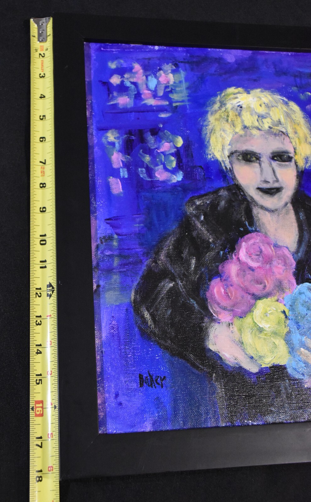 Vicki Baker, original acrylic painting, «The Shopper», signed, framed, 18″ x 14″