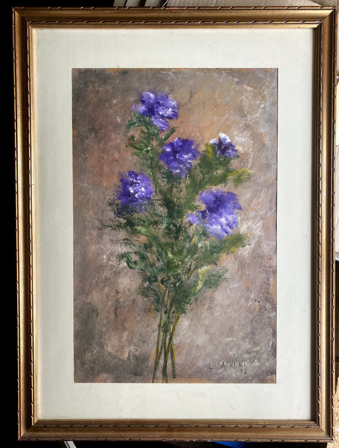 ::OIL PAINTING 1972 STILL LIFE C. SATURNI FRAME CORNFLOWERS FLORAL NATURE BLOSSOMS