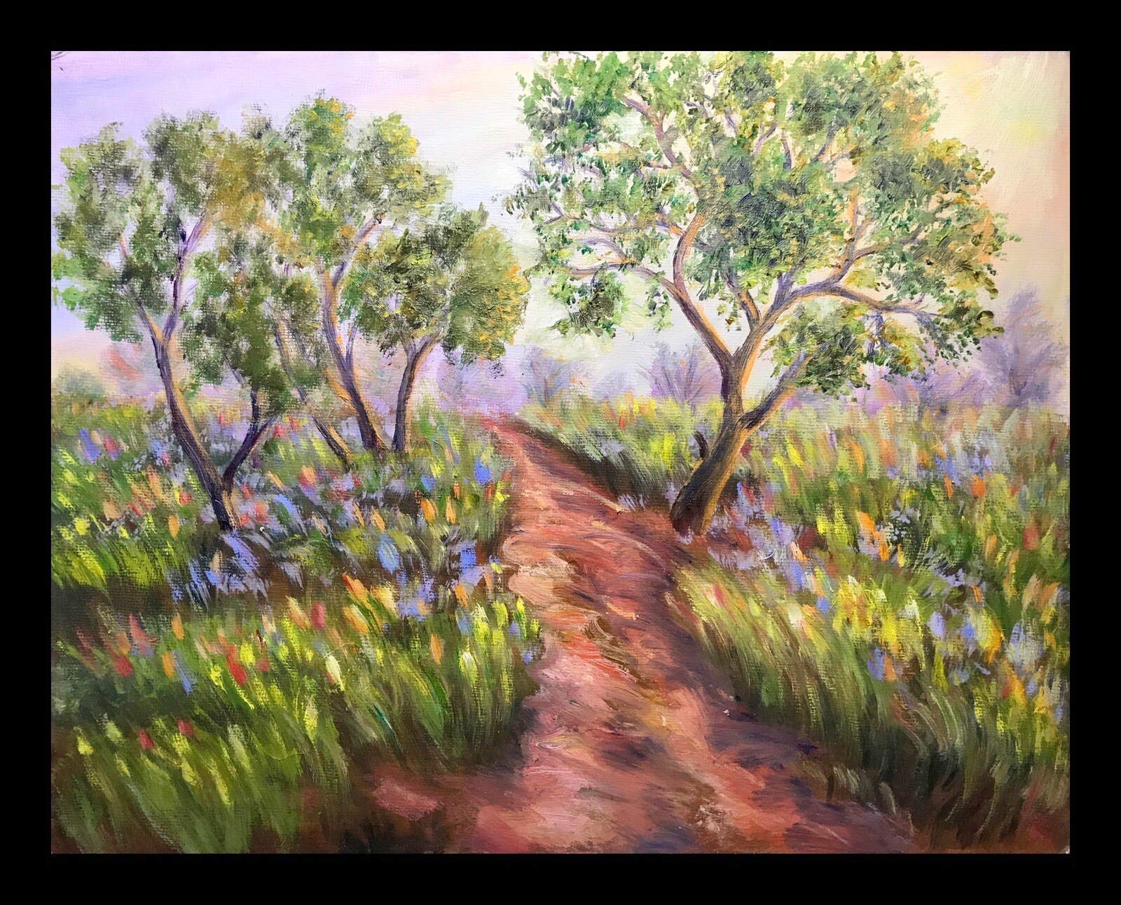 Original Oil Painting Evening Landscape With Path Grass Trees 11×14 Wall Art