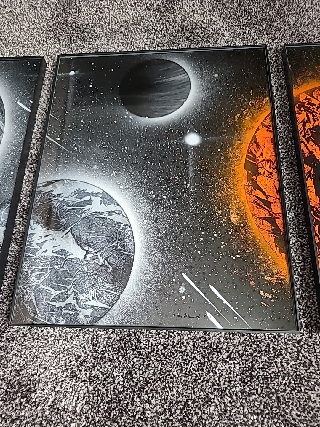 Sun And Planets Outer Space Spray Paint Art 11×14 Framed 3 Picture Set