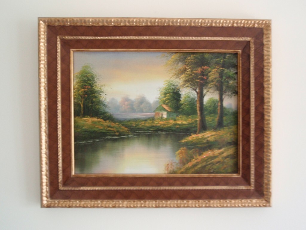 Acrylic on Canvas Barn on a Lake Landscape Painting Art Wall Framed – 21.5×17.5