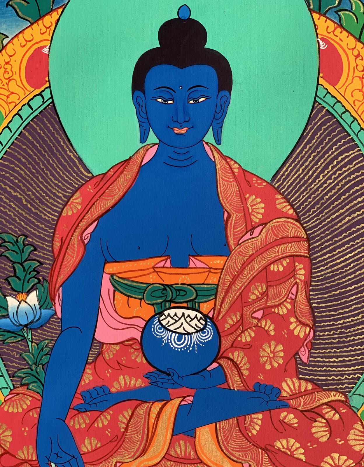 ORIGINAL HAND-PAINTED MEDICINE BUDDHA/ BHAISAJYAGURU TIBETAN THANGKA PAINTING