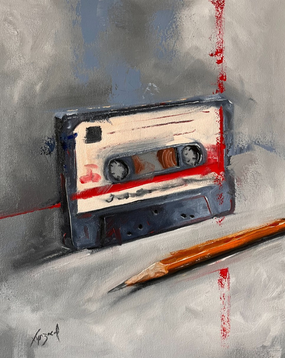 Original Oil Painting Abstract Still Life Vintage Tape And Pencil Handmade Art