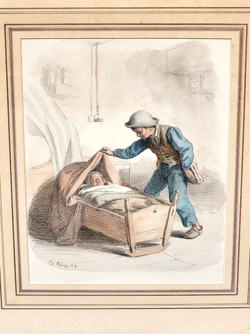 A Boy With a Baby in a Basinet