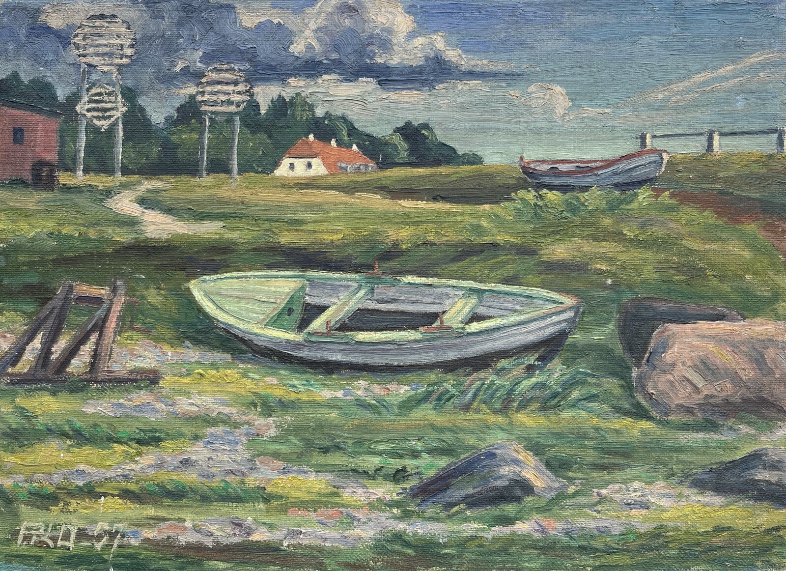 Impressionist Danish Coastal Landscape Boats At Shore Fishing Village Summer Day