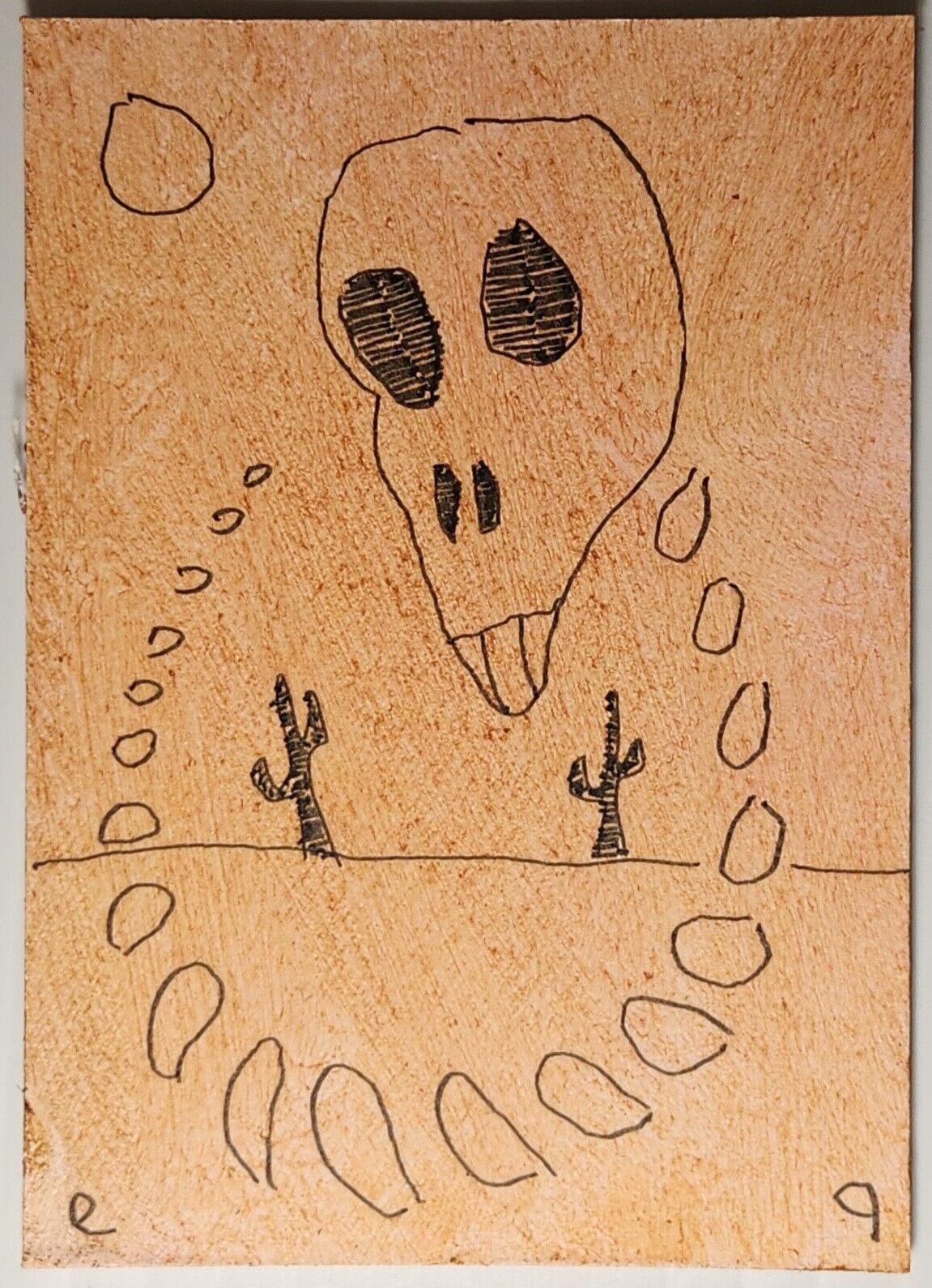 e9Art ACEO ‘ouroboros’ skeleton, cacti outsider art brut naive