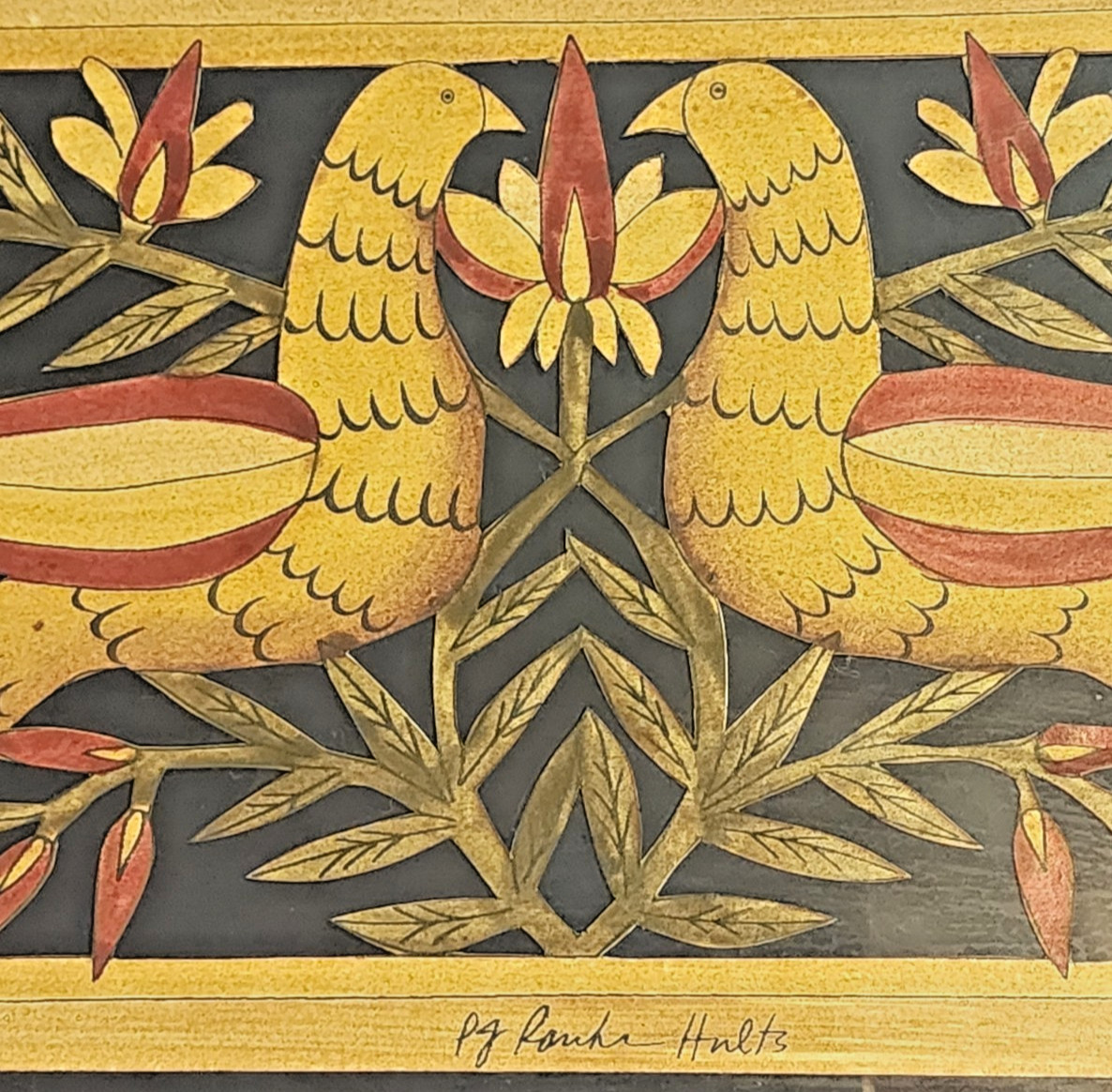 Folk Art Framed Doves under Glass Stencil cut Hand Drawn Beautiful 9″ X 14″