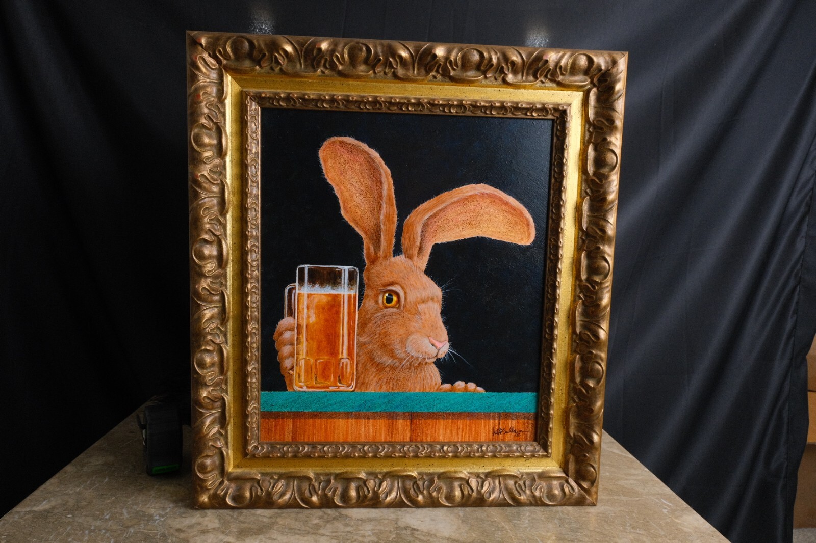 «Jack and a Beer Back» Original by Will Bullas – Signed Whimsical Rabbit at Bar