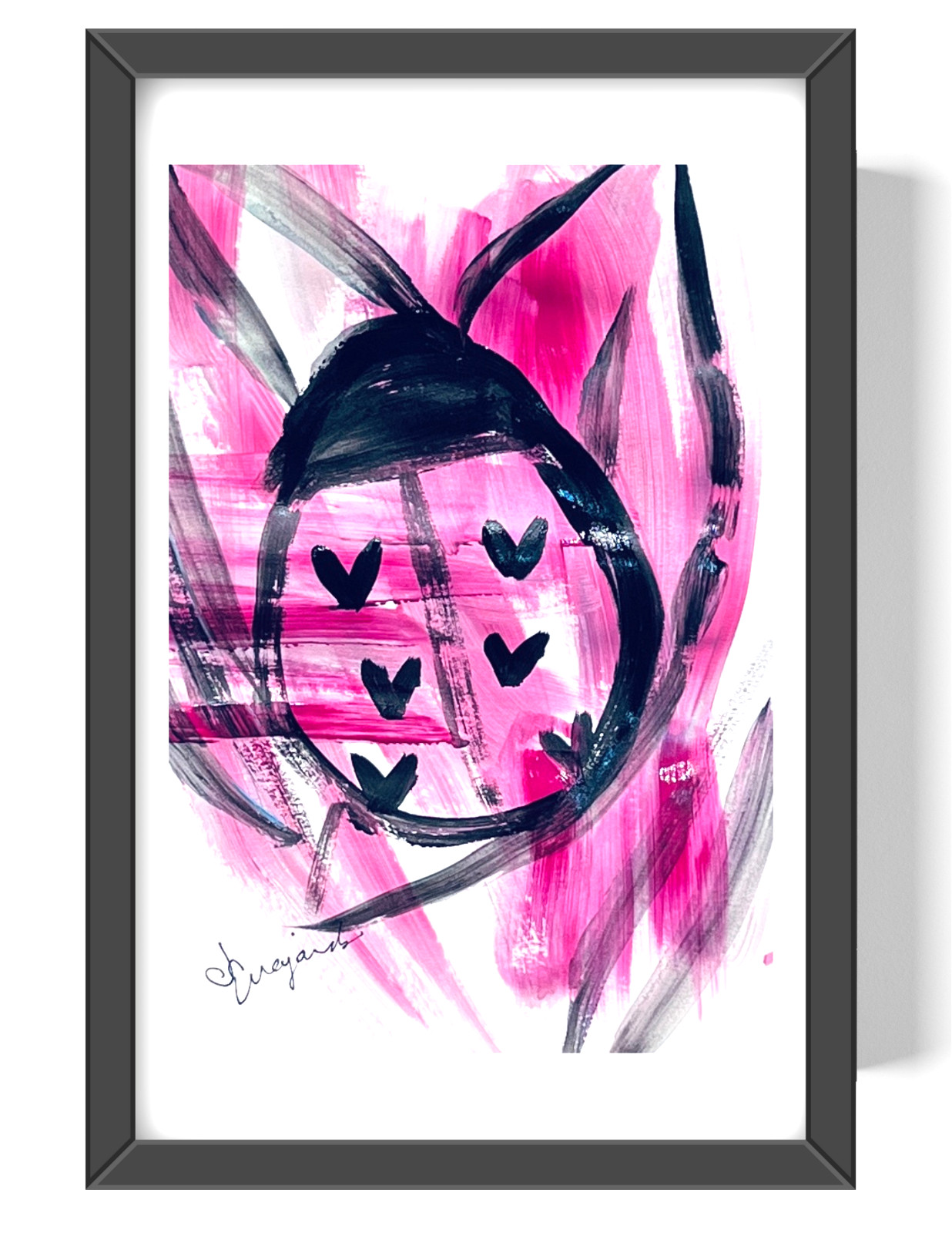 Guajardo Art: Pink Ladybug Heart in Love 9X6 Paper Neo Expressionism