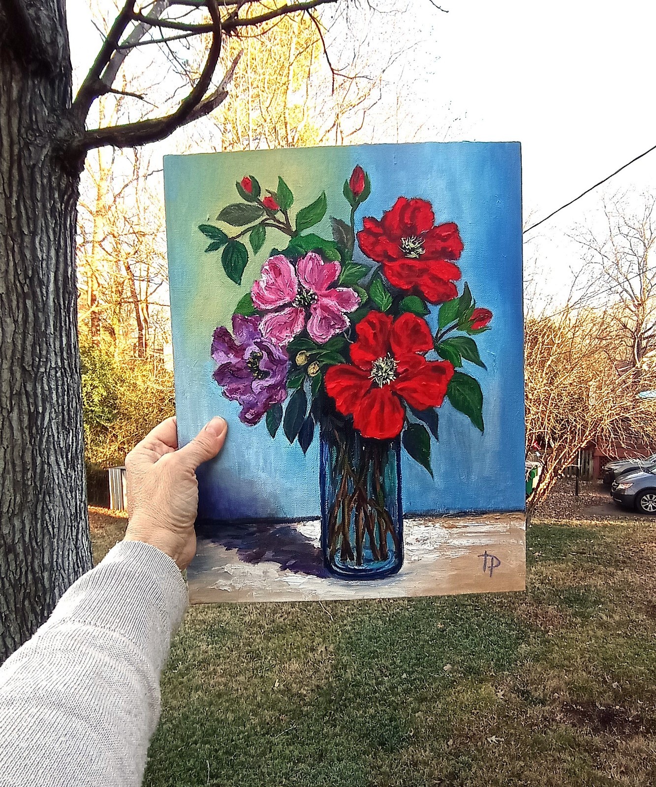 Colorful Floral Artwork Red and Purple Flowers Paintin Original Oil Art 11×14 in