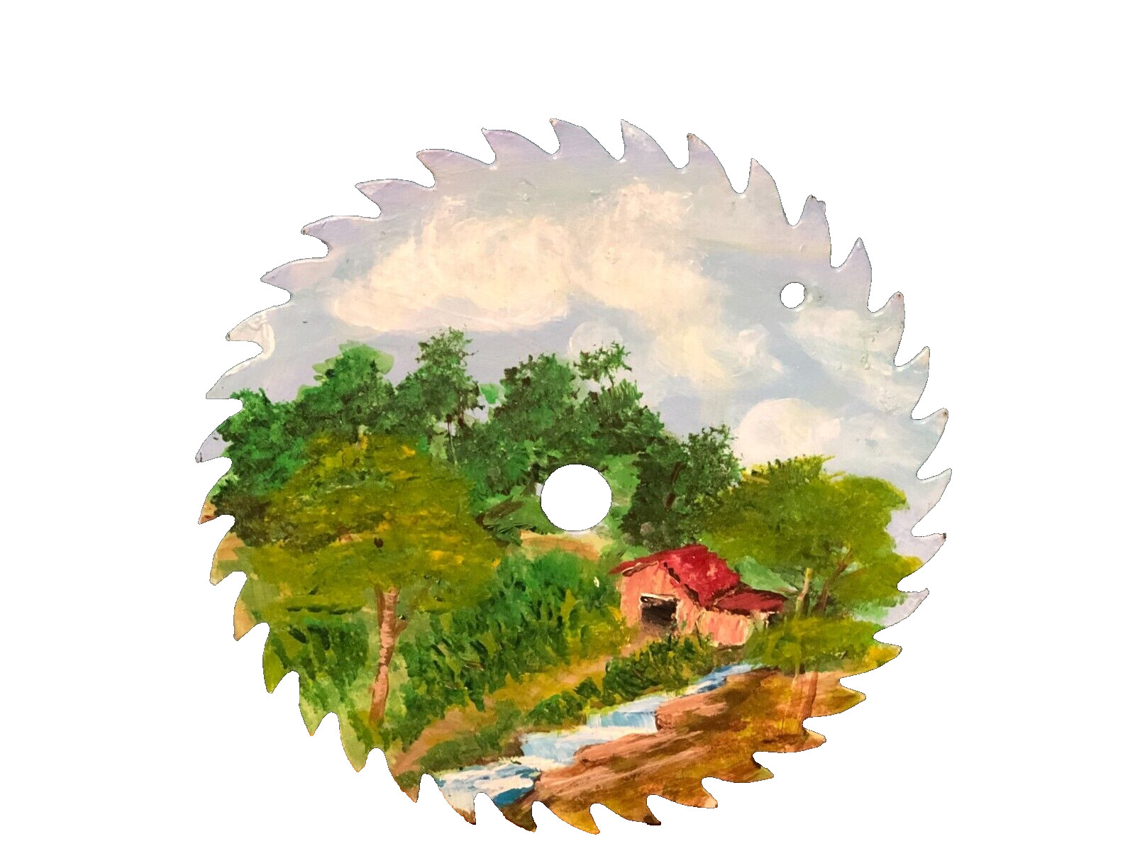 Hand Painted 6 1/2″ Metal Saw Blade Folk Art Barn Farm Country Setting Painting